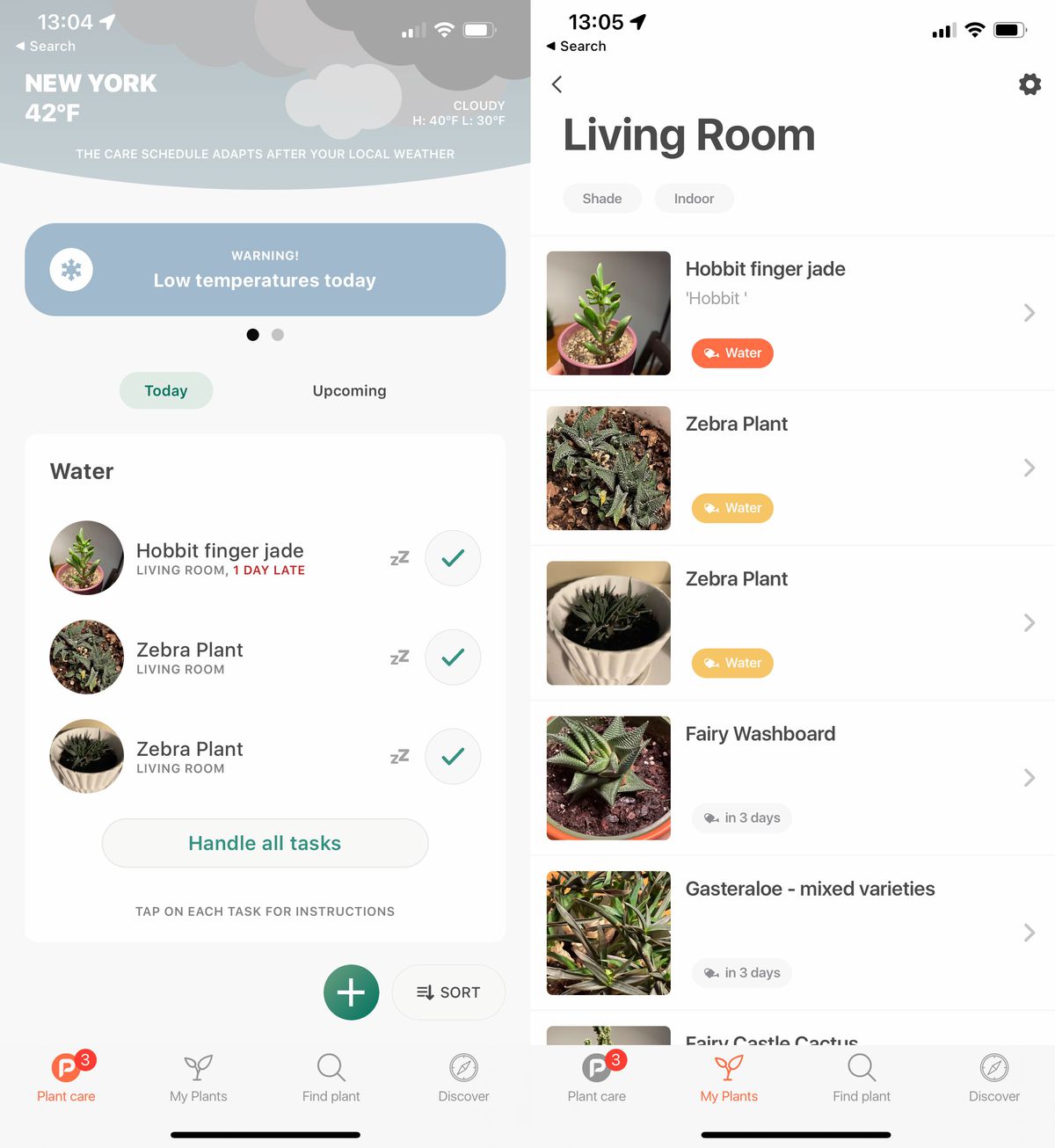 Screenshots of Planta app