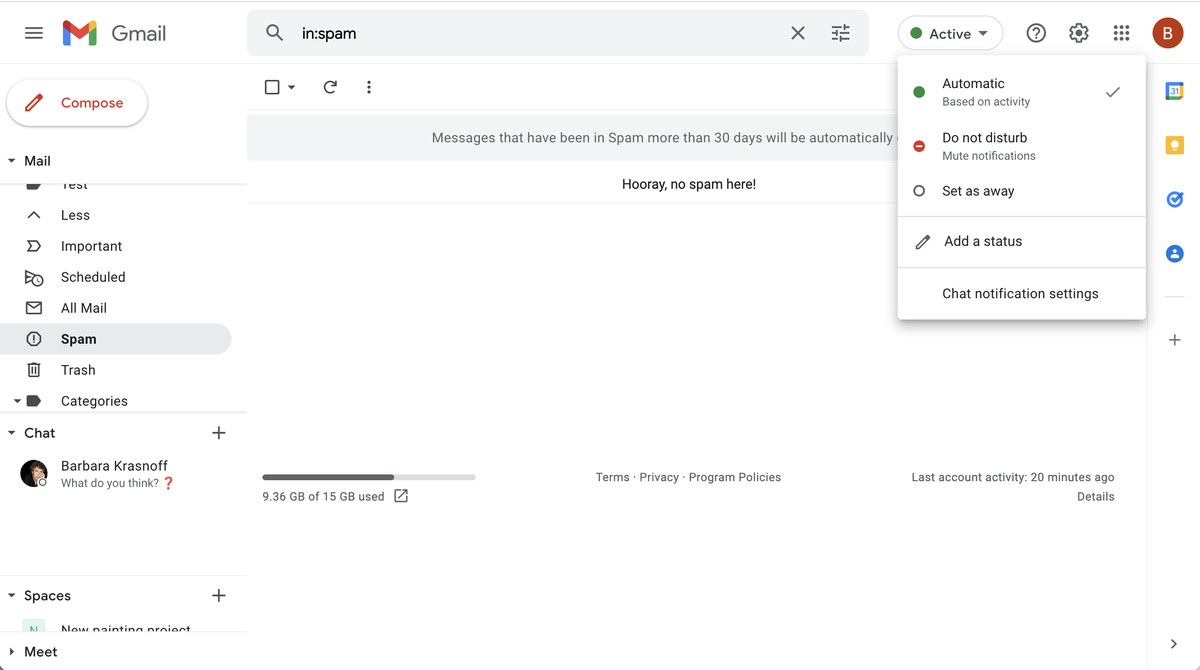 A box on the upper right lets you set your chat status.