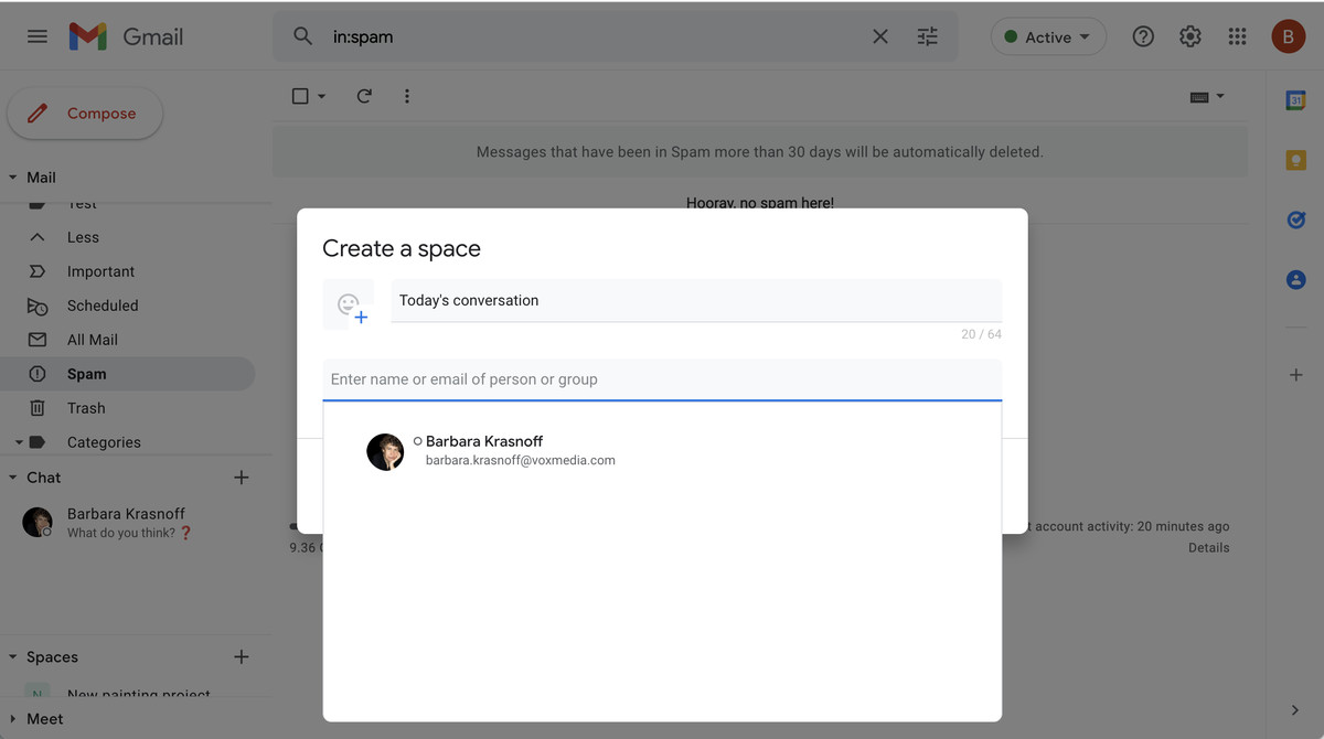 When you create a space, you name it and add participants.