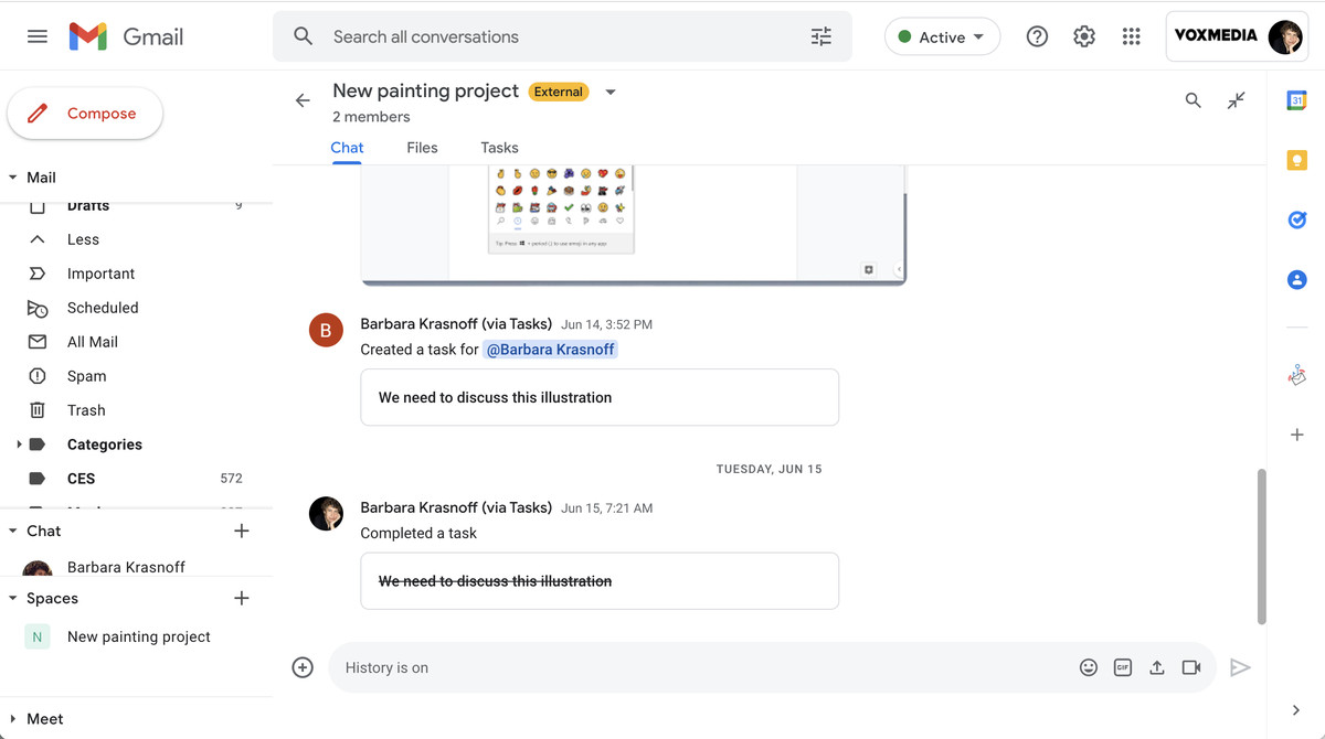 A space can include images, emoji, and tasks — but it’s not as temporary as a chat.