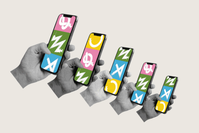 A looping animated illustration of five hands scrolling through images of syringes twisted out of shape on mobile phones.