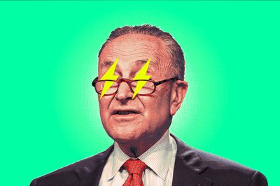 A photo illustration of Chuck Schumer with yellow lightning bolts covering his eyes.