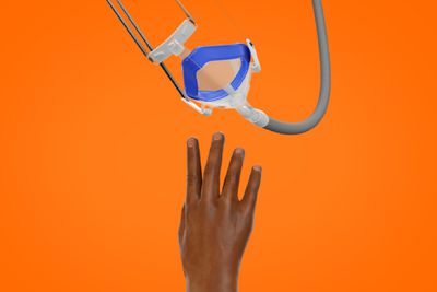 Illustration of hand reaching to grab a CPAP mask that is dangling out of reach. 