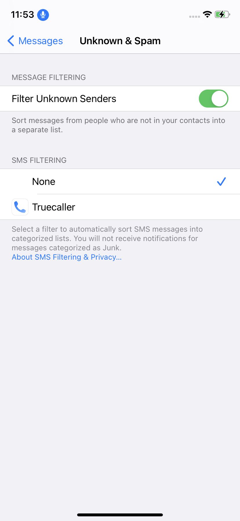 Toggle on “Filter Unknown Senders.”