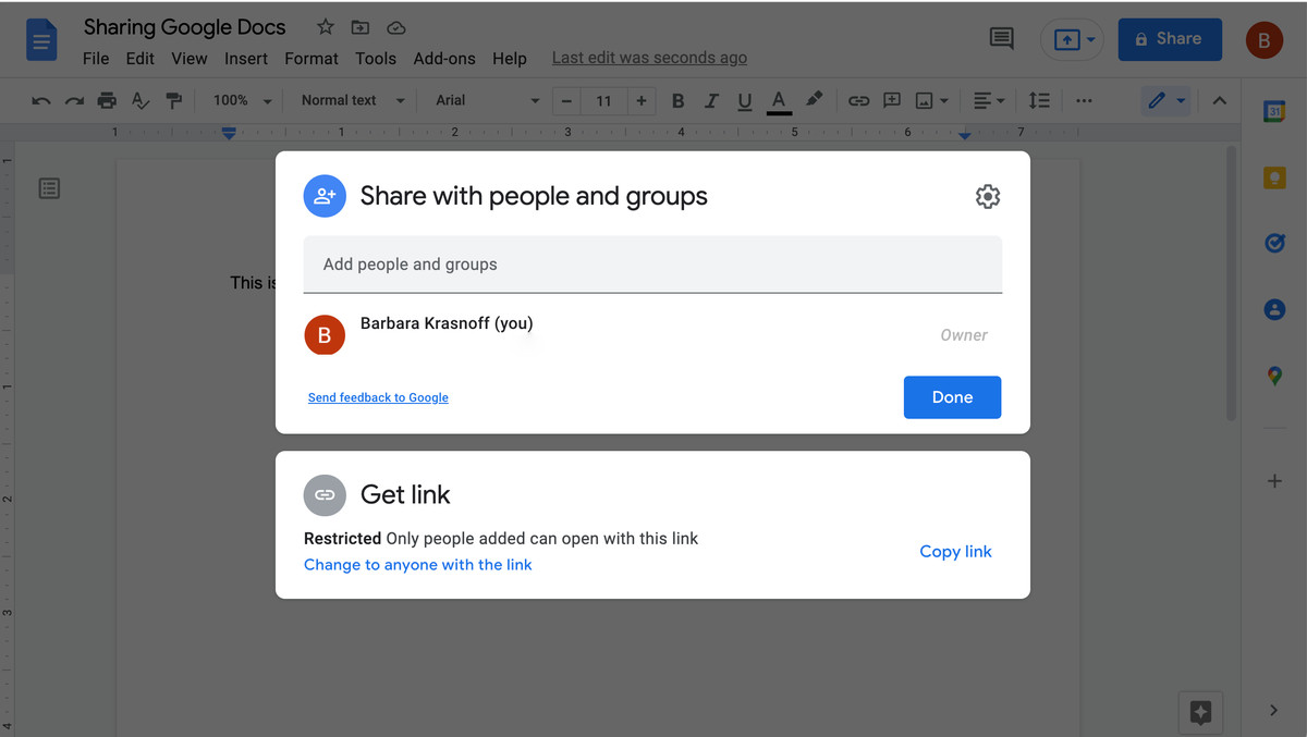 You’ll get a pop-up headed “Share with people and groups.”  