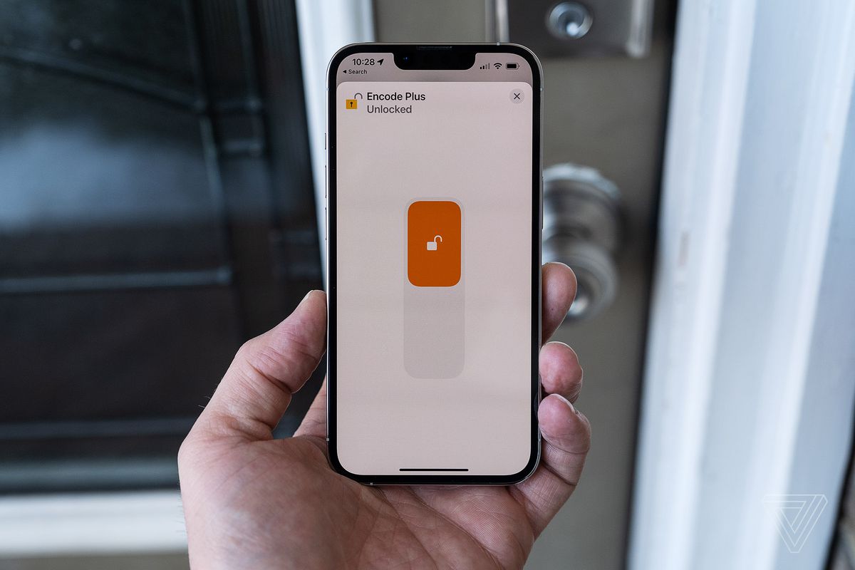 An iPhone display the locking options in the Apple Home app for the Schlage Encode Plus