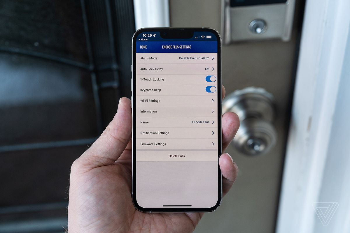 The Schlage app on an iPhone displaying various options for the Encode Plus lock.