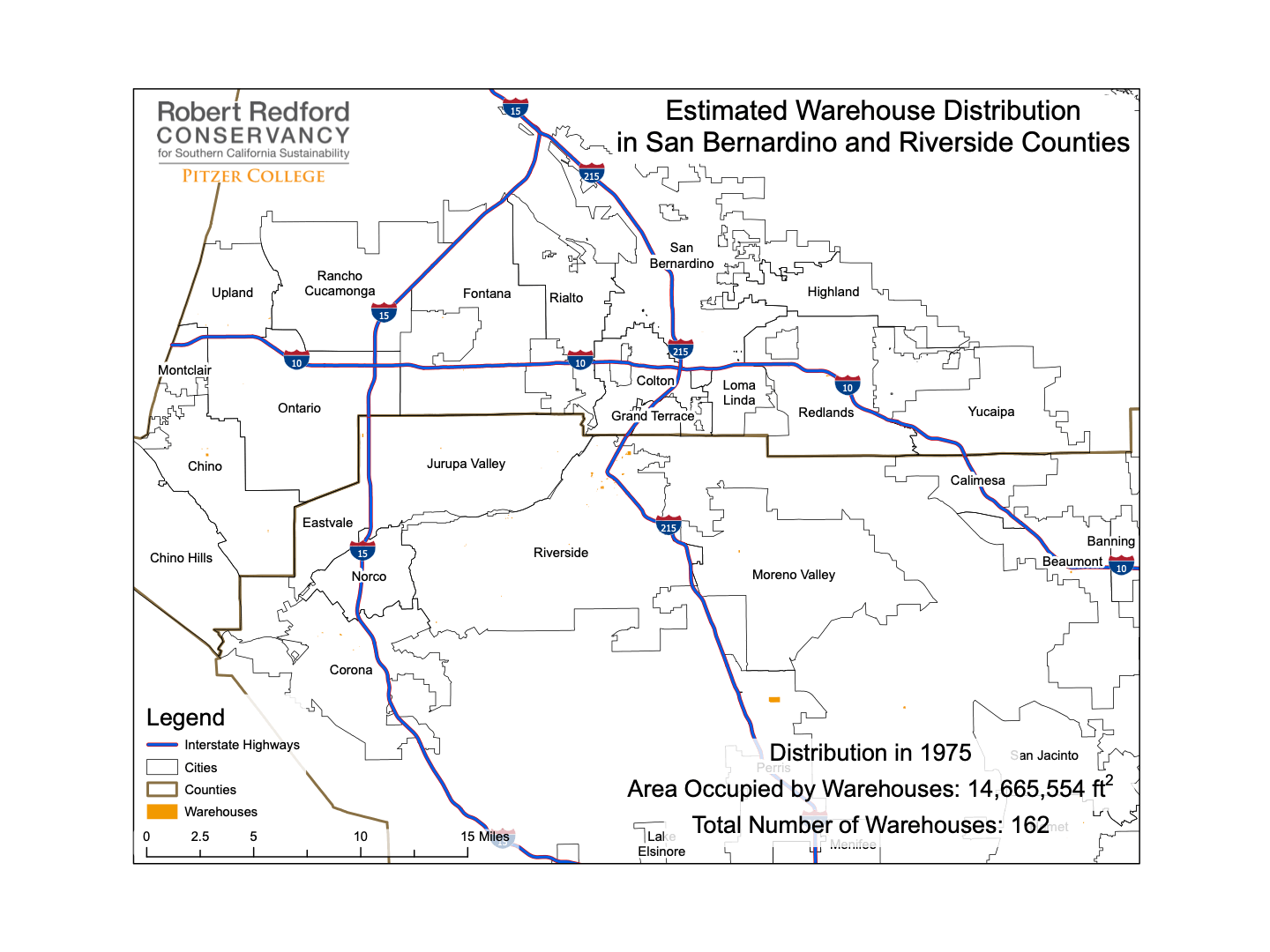 A map of warehouse growth in San Bernardino and Riverside counties from 1975–2021.