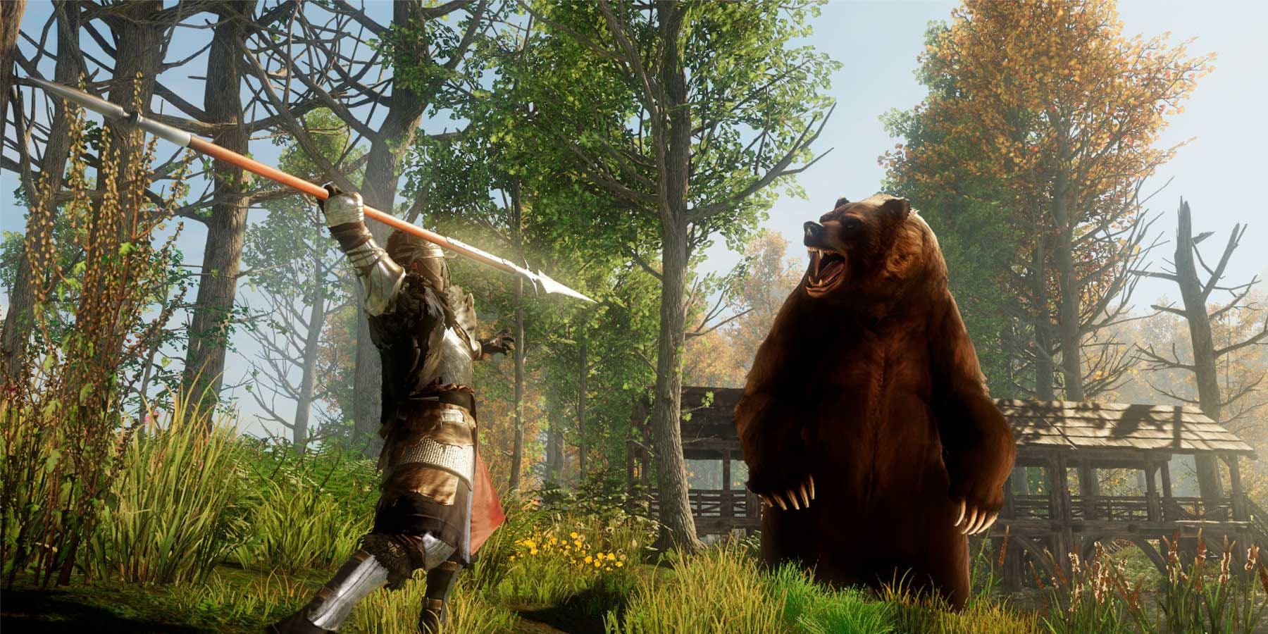 Player about to attack a bear in New World