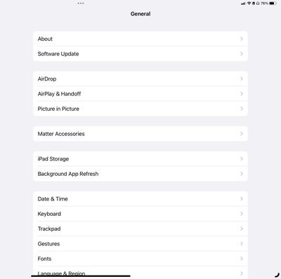 A screenshot of the Settings page on an Apple iPad running iPadOS 16.1 developer beta.