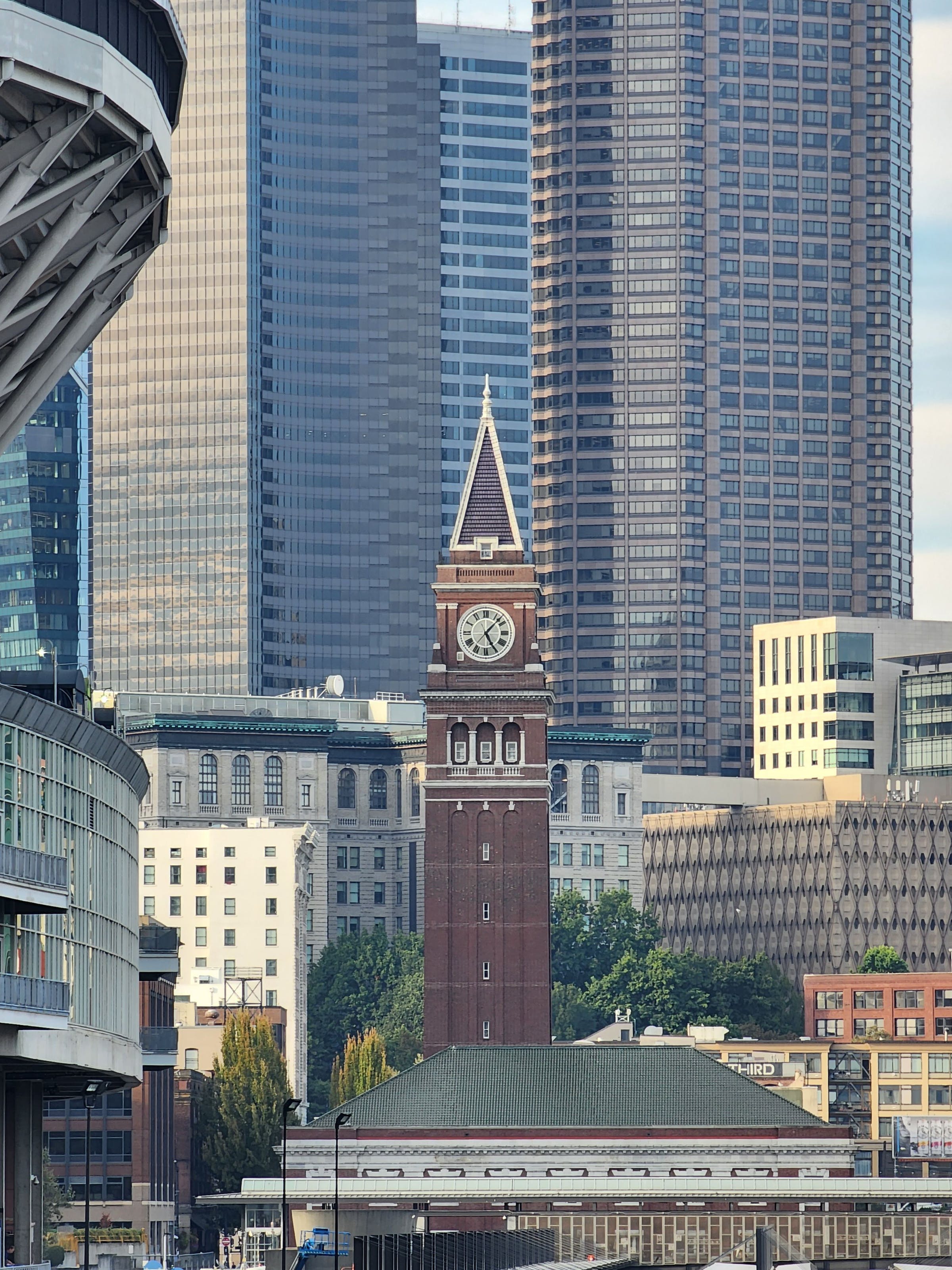 Buildings and a clock tower in downtown Seattle.