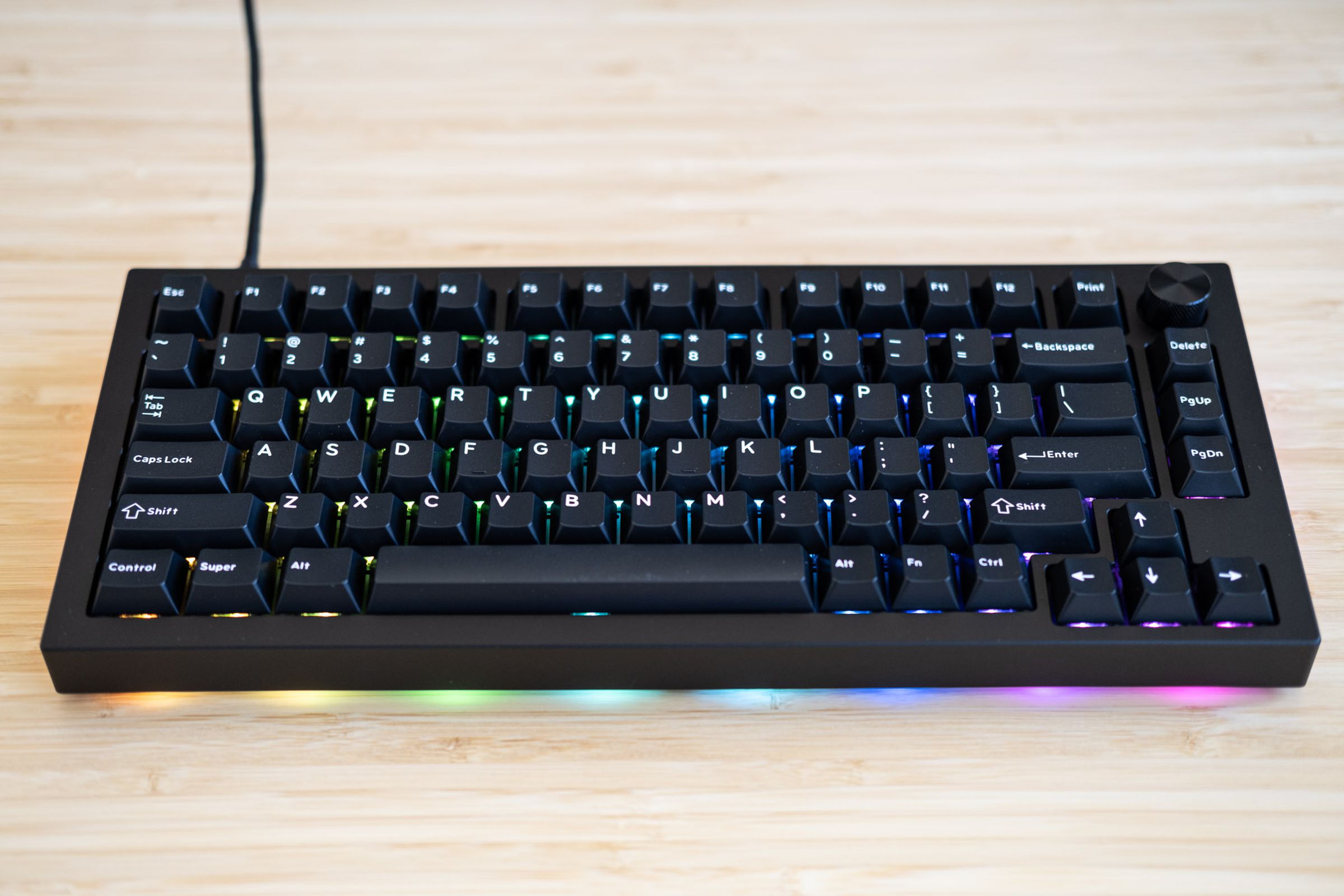 Sense75 keyboard with RGB lighting on.