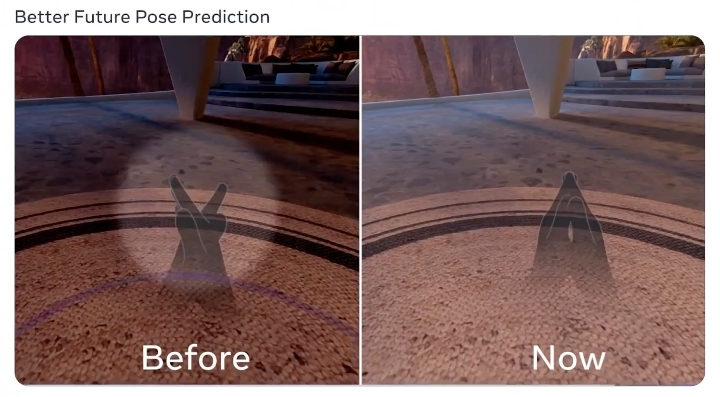 Two screenshots from Meta of how Hand Tracking 2.1 can predict future hand positions.