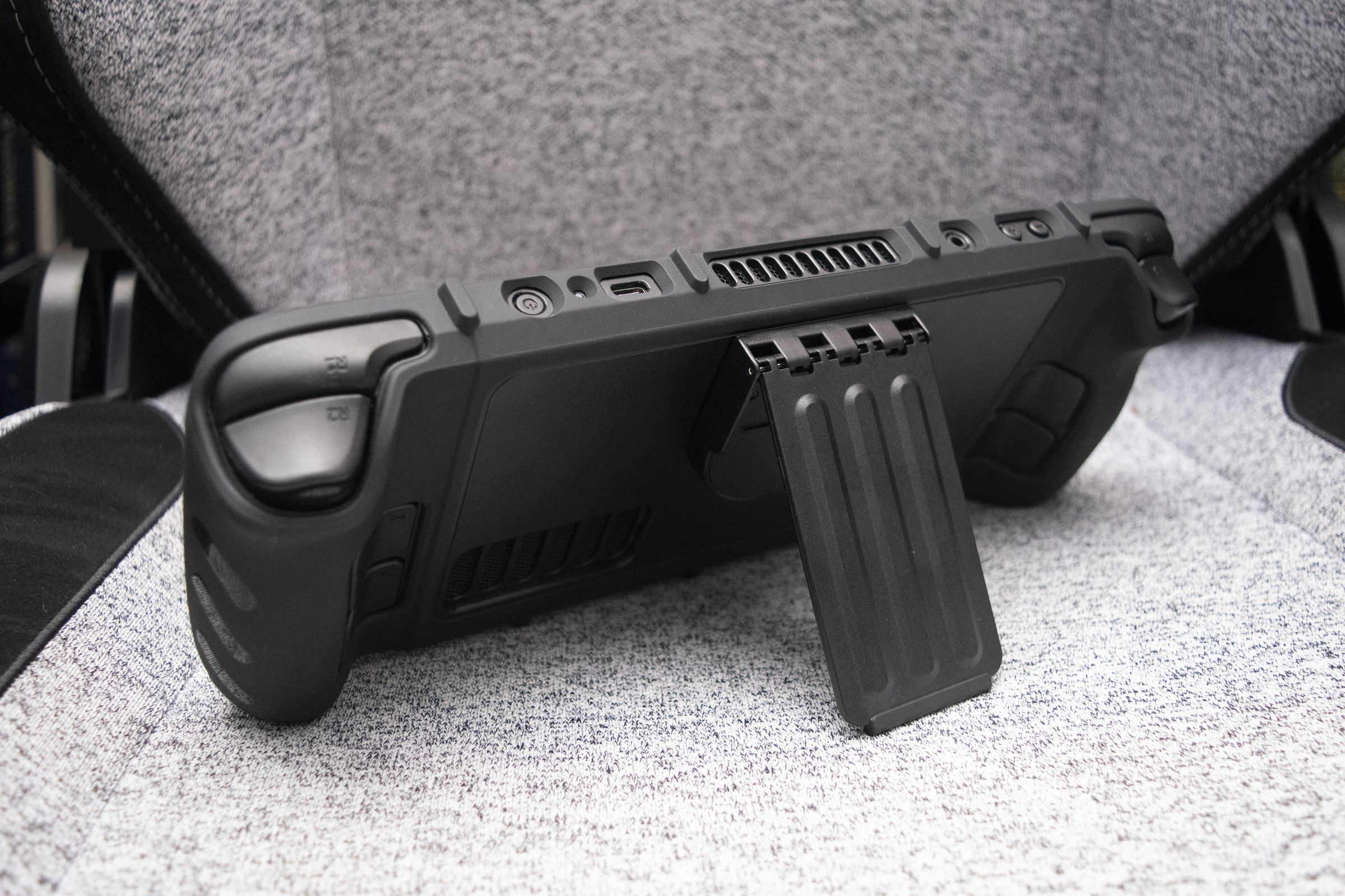 A photo of the back of the Killswitch case with the magnetic kickstand attached and extended