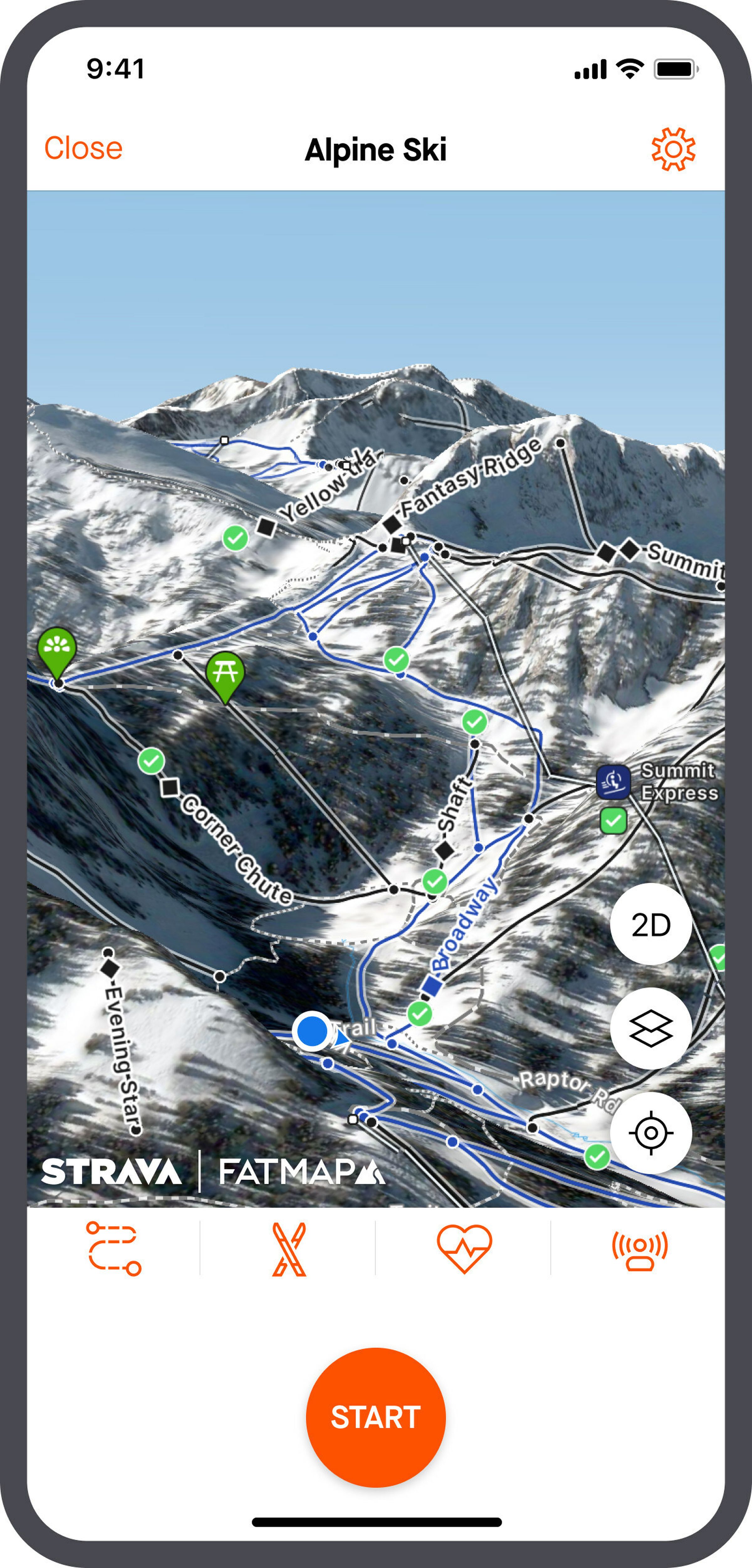 Render of a 3D Alpine ski map showing various points of interest within the Strava app.