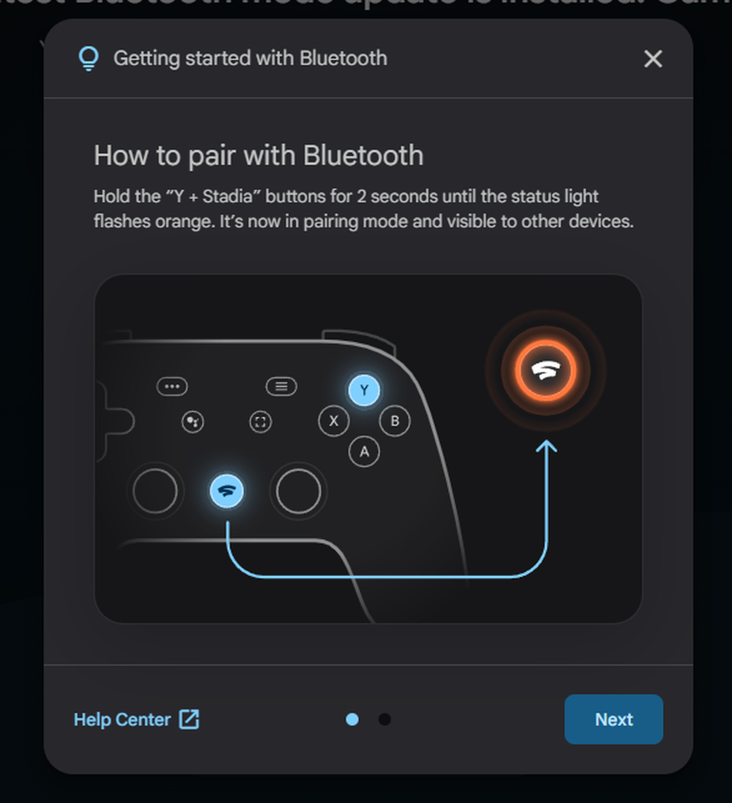 A screenshot showing how to activate your Google Stadia controller’s Bluetooth mode