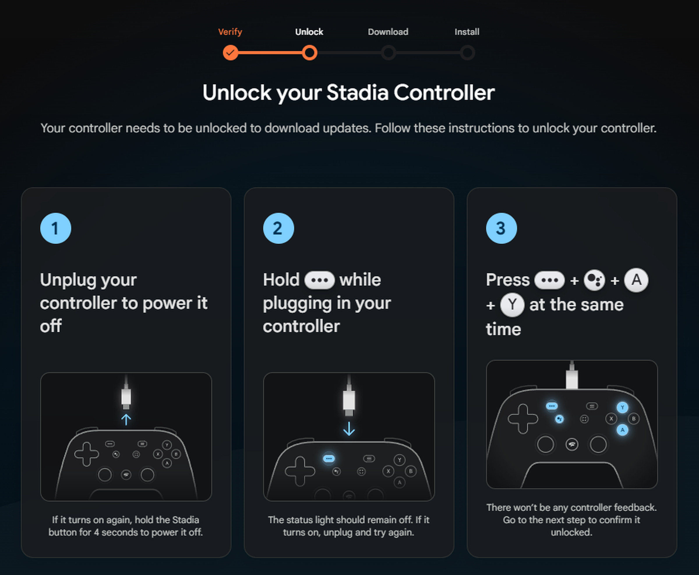 A screenshot showing how to activate your Google Stadia Controller’s Bluetooth mode