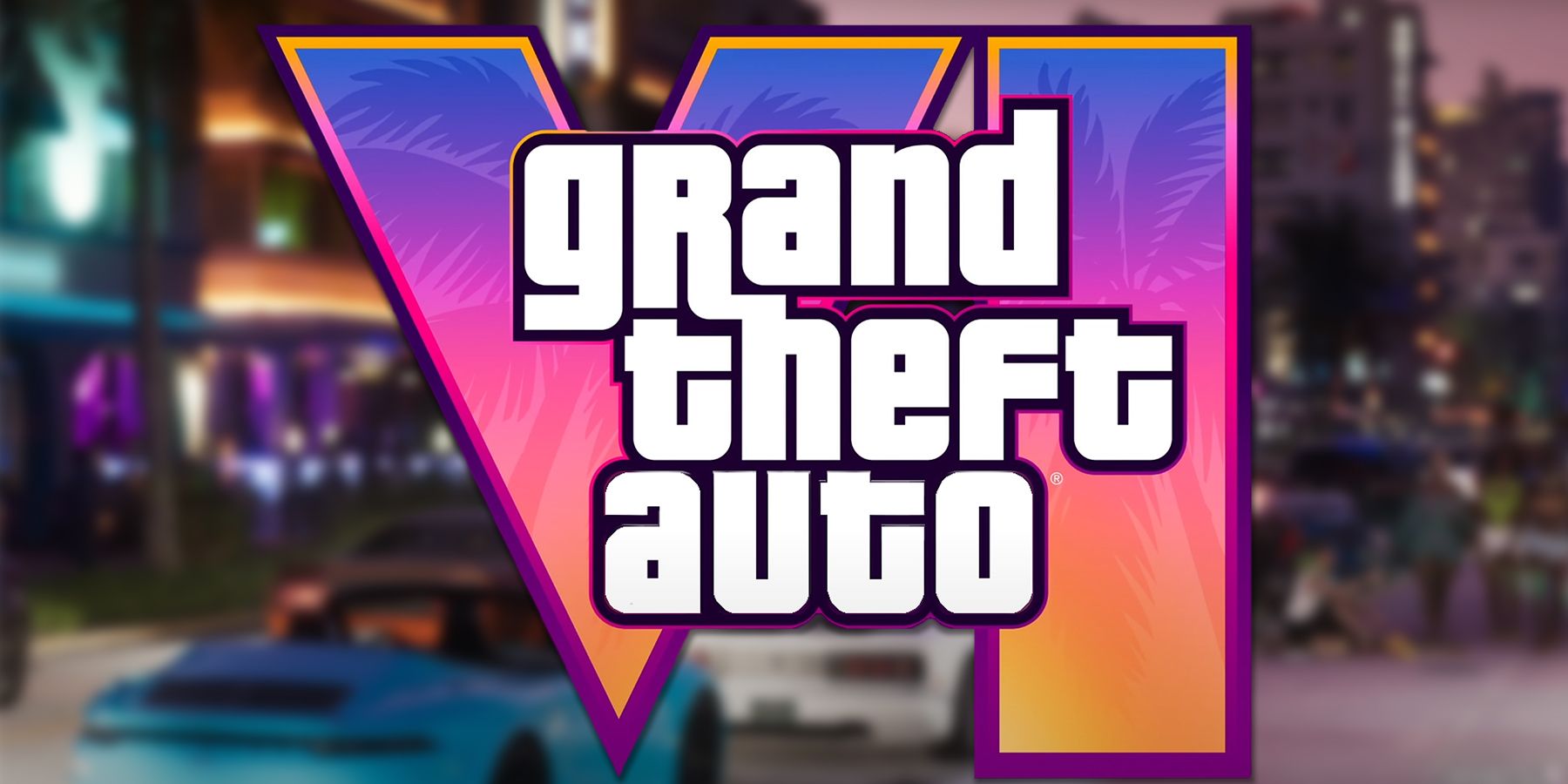 Grand Theft Auto VI GTA 6 logo over blurred Ocean Drive reveal trailer screenshot